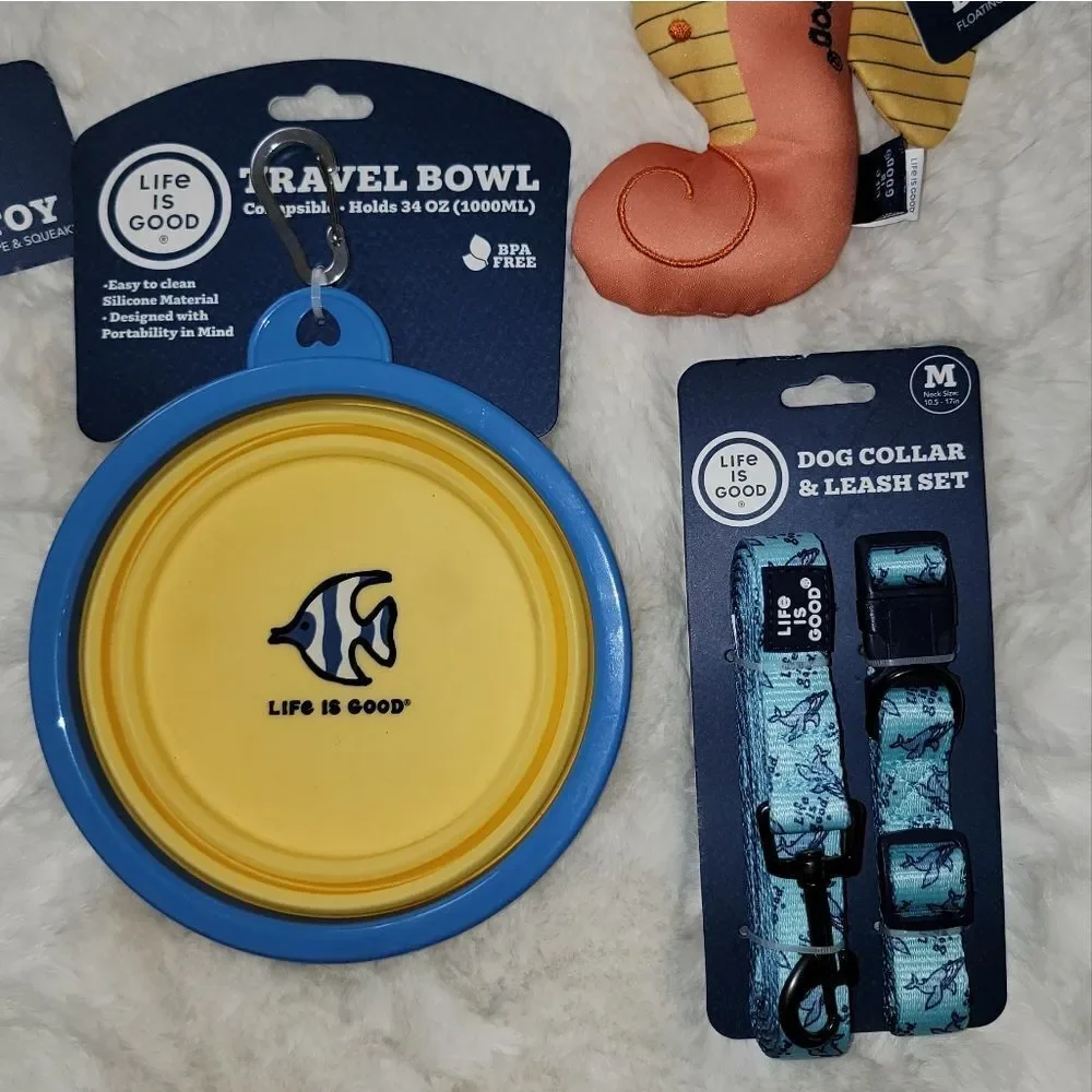Life is Good Puppy Dog Toys Collapsible Feeding Water Bowl Leash & Collar M New
